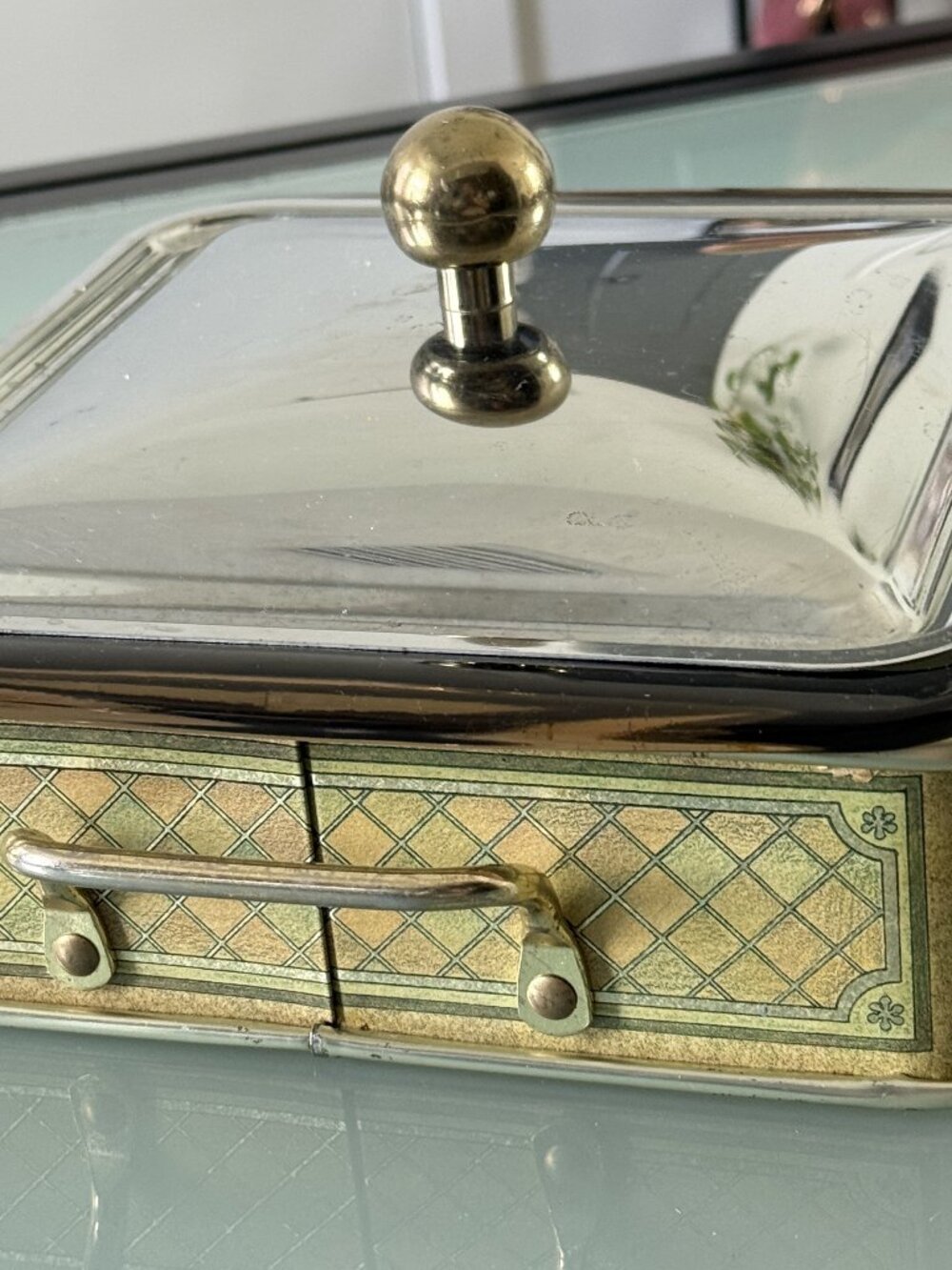 Vintage Glass Baking Dish with Decorative Metal Holder Fruit